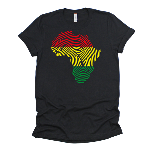 Picture of black tee with the African continent as a fingerprint in red, yellow, and green