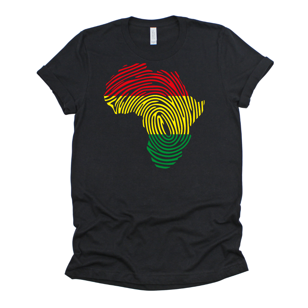 Picture of black tee with the African continent as a fingerprint in red, yellow, and green