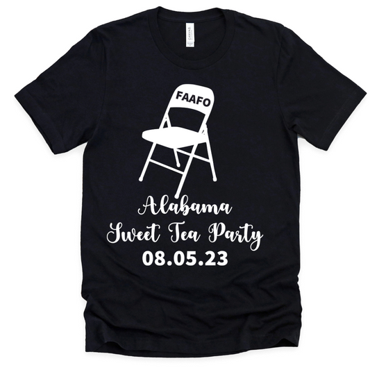 Picture of folding chair with Alabama Sweet Tea Party in script