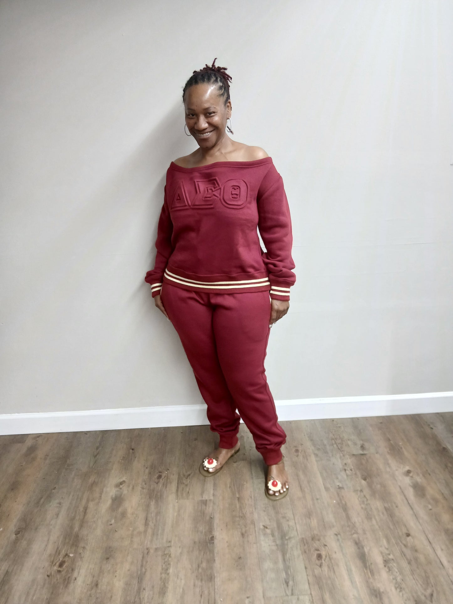 DST Monochromatic Embossed Off-The-Shoulder Jogger Set